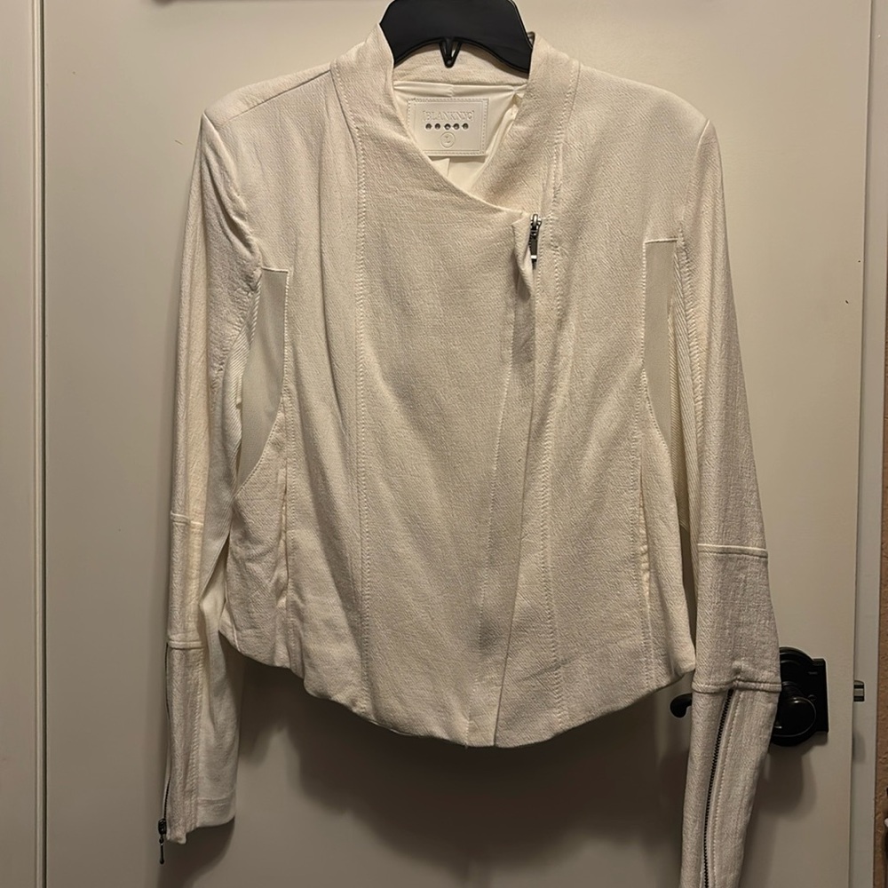 Blank NYC Black Mesh Detail Stretch Crepe Zipper Moto Cropped Jacket Size L